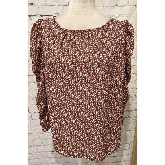 Max Studio Ruched Sleeve Floral Blouse Top Lightweight Size Medium - Picture 2 of 6